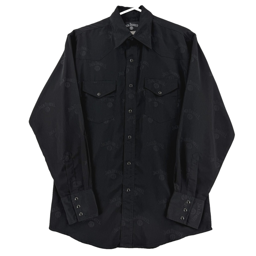 Jack Daniels Shirt Mens Large Black Logo Long Sleeve Snap Front Western Casual